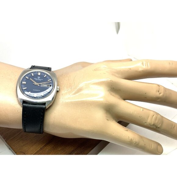 Jules Jurgensen Men's Watch Vintage Swiss Automatic Blue Dial Day Date 35mm - Picture 4 of 15